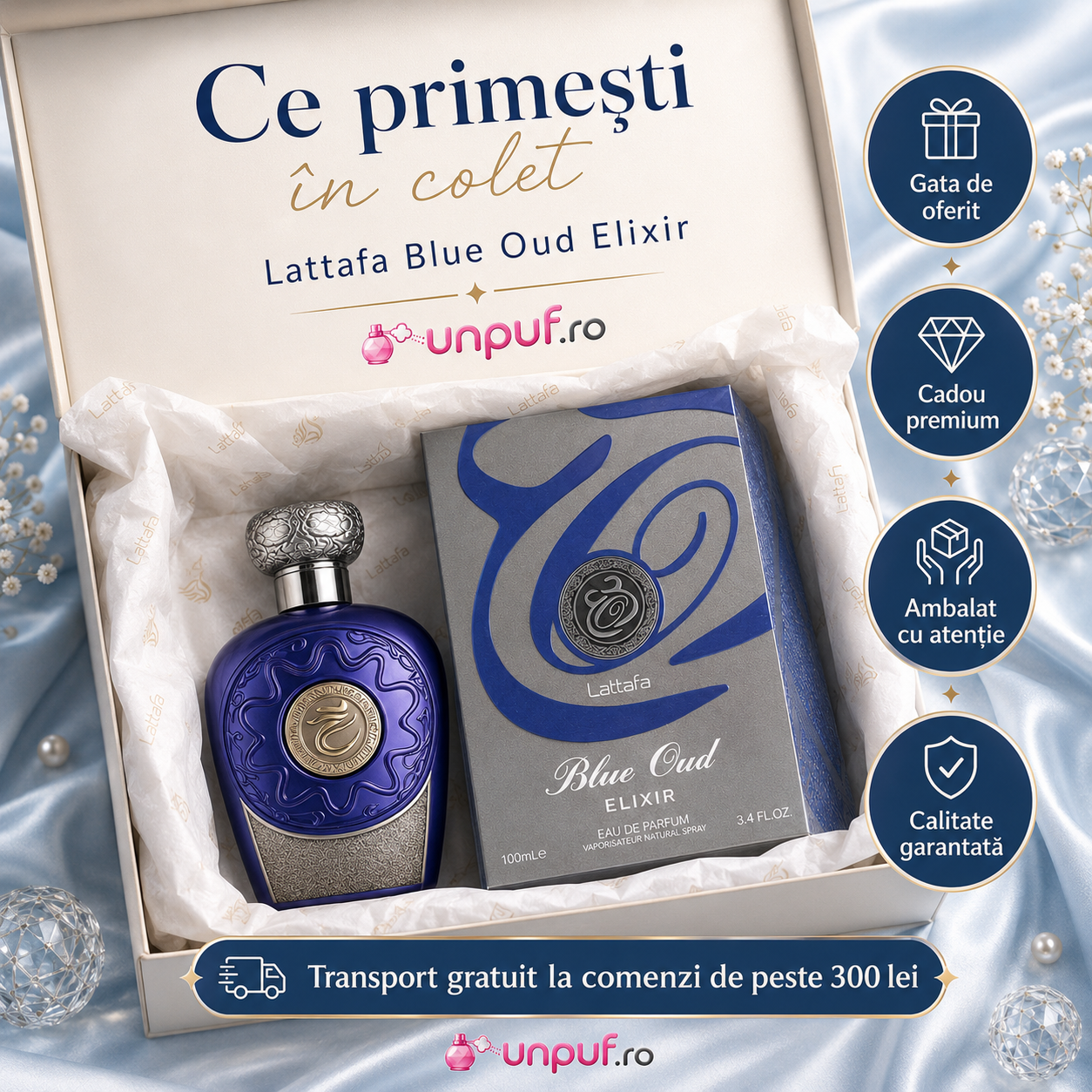 Lattafa Blue Oud Elixir cadou premium pentru bărbați parfum elegant